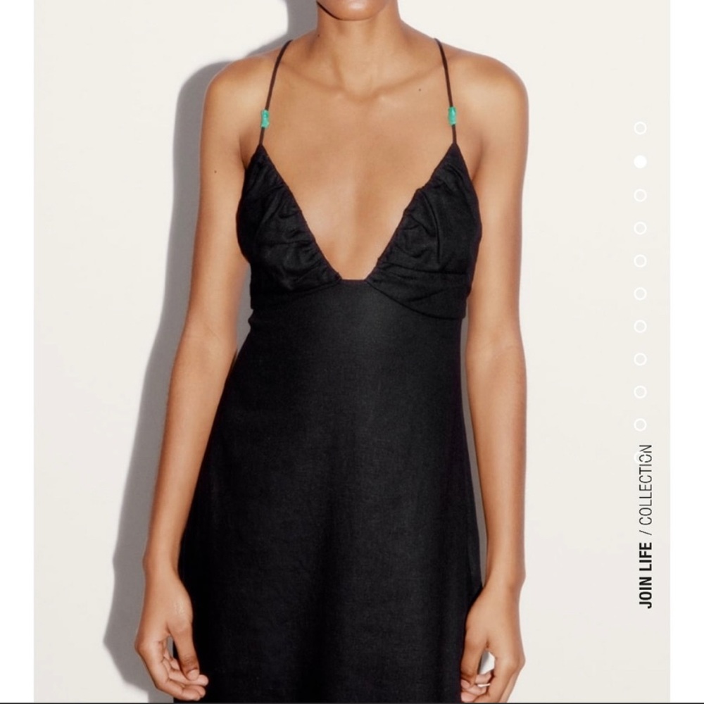 ZARA Midi Beaded Black Linen Dress